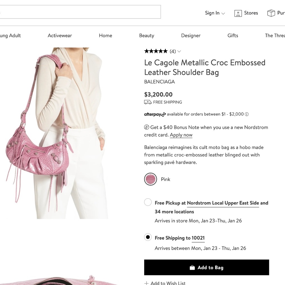 WOMEN'S LE CAGOLE METALLIC PINK SHOULDER BAG CROCODILE EMBOSSED WITH RHINESTONES